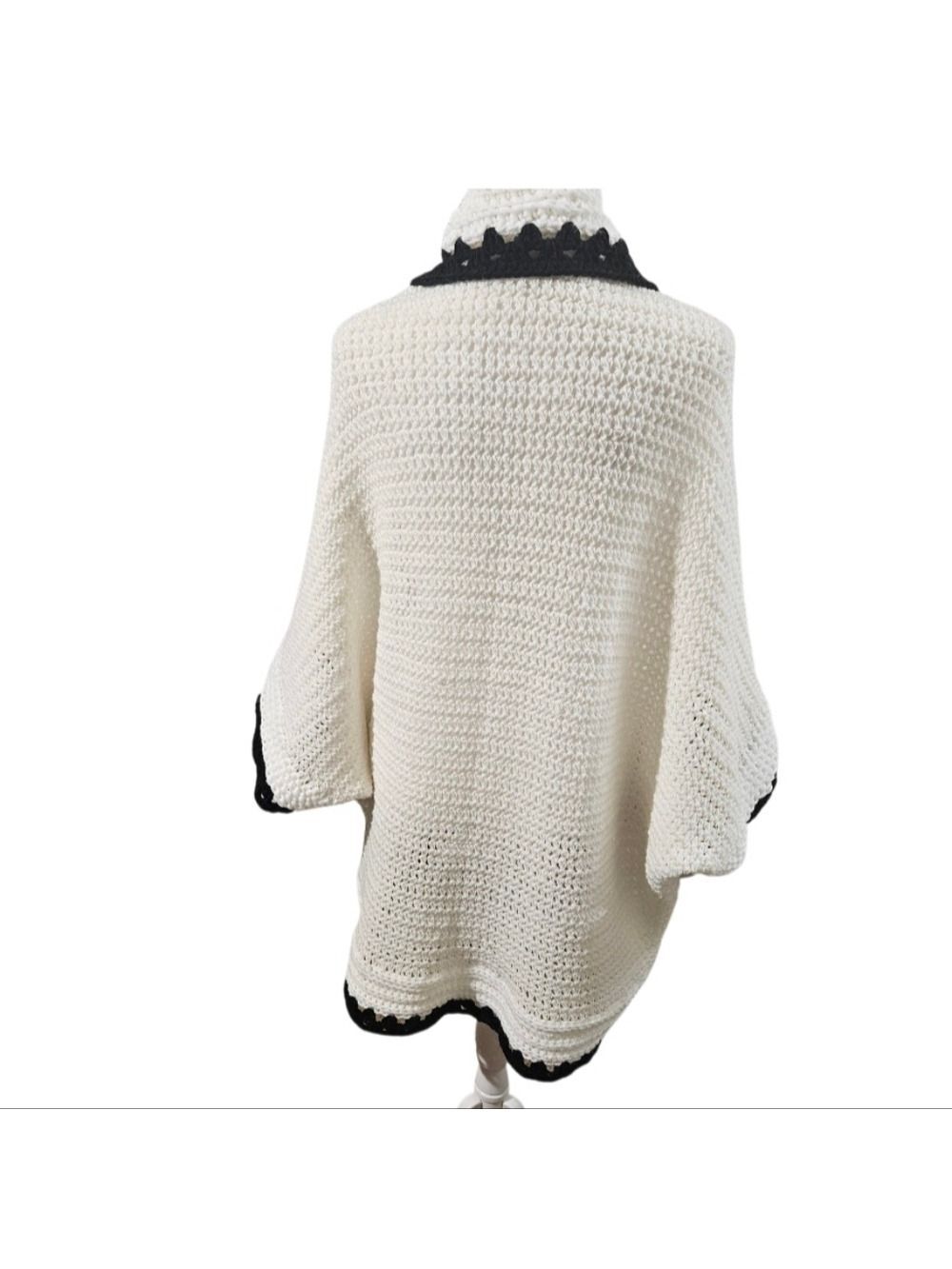 Handmade White Hand Knit Crochet Cocoon Cardigan Granny Square Black Open Front - Picture 6 of 17